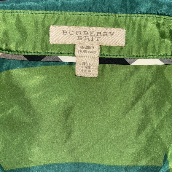Burberry Women’s Silk Shirt Dress Size 4 Green Striped with Pockets No Belt - Picture 6 of 7